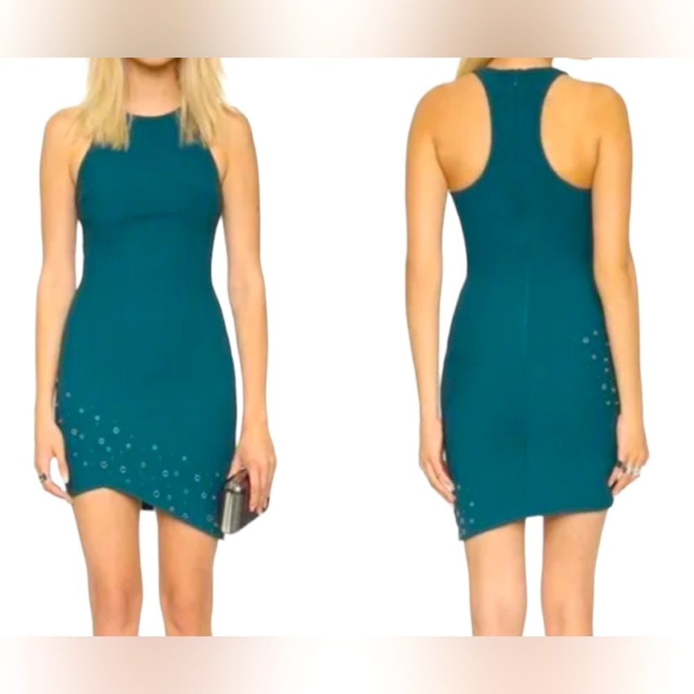 Elizabeth and James Gali asymmetrical bodycon dress, size 6, teal with grommets.